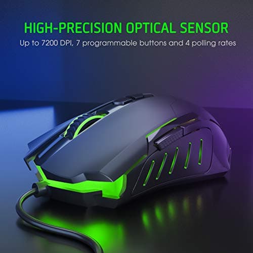 PICTEK Gaming Mouse Wired [7200 DPI] [Programmable] [Breathing Light] Ergonomic Game USB Computer Mice RGB Gamer Desktop Laptop PC Gaming Mouse, 7 Buttons for Windows 7/8/10/XP Vista Linux, Black image