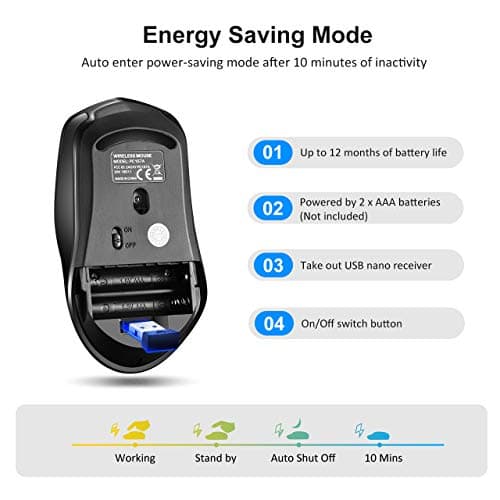 Yantop Wireless Mouse for Laptop, Full Size 2.4G Cordless Mouse with USB Nano Receiver, Power ON-Off Switch, 3 Adjustable DPI, Large 6-Button Mouse for Computer, Desktop, MacBook, Notebook,Black image