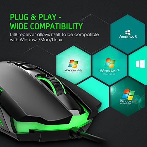 PICTEK Gaming Mouse Wired [7200 DPI] [Programmable] [Breathing Light] Ergonomic Game USB Computer Mice RGB Gamer Desktop Laptop PC Gaming Mouse, 7 Buttons for Windows 7/8/10/XP Vista Linux, Black image
