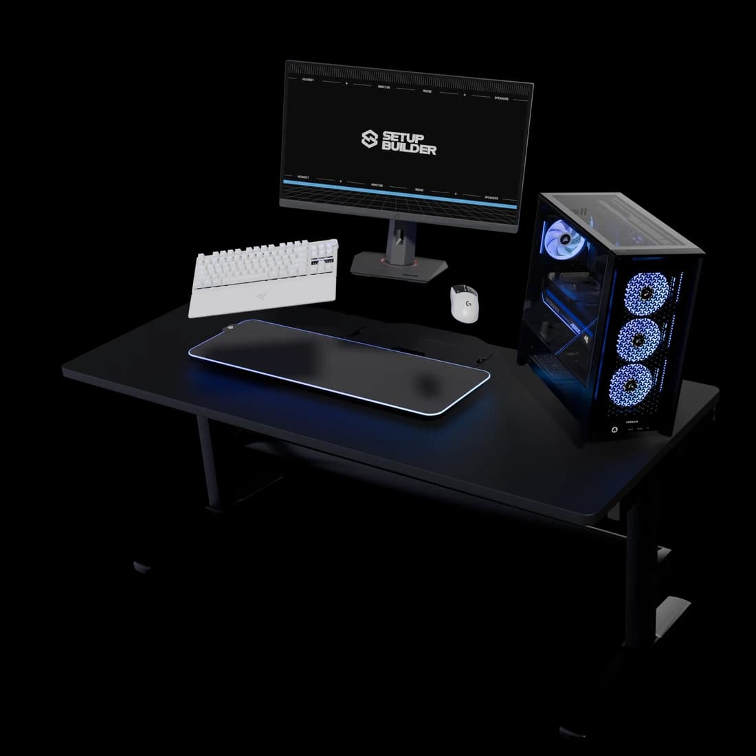 Desktop setup with a monitor, keyboard, mouse, and blue-lit PC