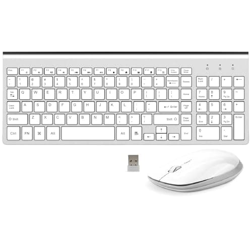 Wireless Keyboard and Mouse, FENIFOX USB Full Size Quiet Compact Compatible with iMac Mac PC Laptop Tablet Computer Windows (Silver White) image