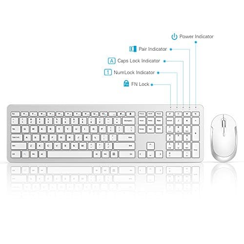 Wireless Keyboard and Mouse Combo - Full Size Slim Thin Wireless Keyboard Mouse with Numeric Keypad with On/Off Switch on Both Keyboard and Mouse - White & Silver image