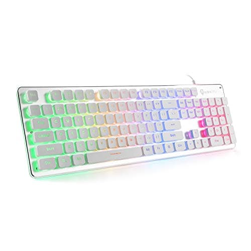 LANGTU Membrane Gaming Keyboard, Rainbow LED Backlit Quiet Keyboard for Office, USB Wired All-Metal Panel 25 Keys Anti-ghosting Computer Keyboard 104 Keys - L1 White/Silver main image