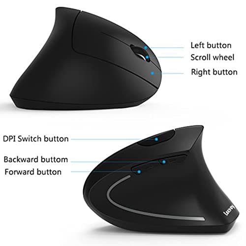 Ergonomic Mouse, Vertical Wireless Mouse - LEKVEY Rechargeable 2.4GHz Optical Vertical Mice : 3 Adjustable DPI 800/1200/1600 Levels 6 Buttons, for Laptop, PC, Computer, Desktop, Notebook etc, Black image