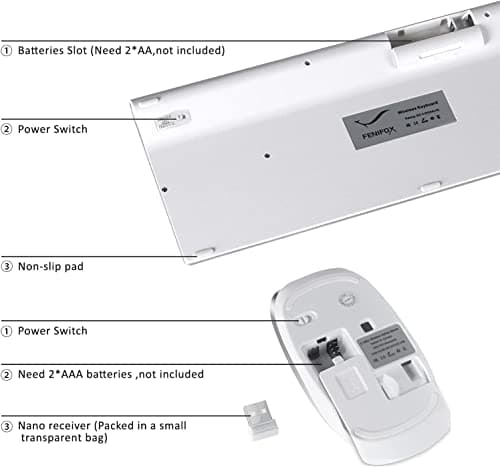 Wireless Keyboard and Mouse, FENIFOX USB Full Size Quiet Compact Compatible with iMac Mac PC Laptop Tablet Computer Windows (Silver White) image