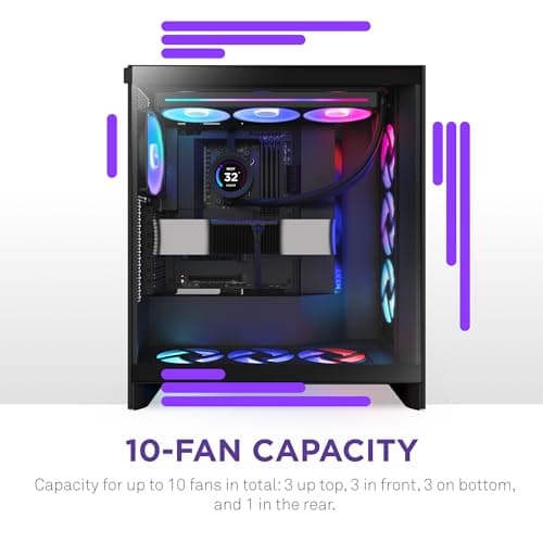 NZXT H7 Flow 2024 - Mid-Tower ATX Airflow Case - Includes Pre-Installed 3 x 120mm Fans - CM-H72FB-01 - Supports Bottom Fans for Dedicated GPU Cooling - Cable Management - Black image
