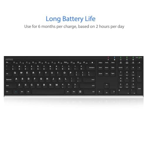 Arteck 2.4G Wireless Keyboard Stainless Steel Ultra Slim Full Size Keyboard with Numeric Keypad for Computer/Desktop/PC/Laptop/Surface/Smart TV and Windows 10/8/ 7 Built in Rechargeable Battery image