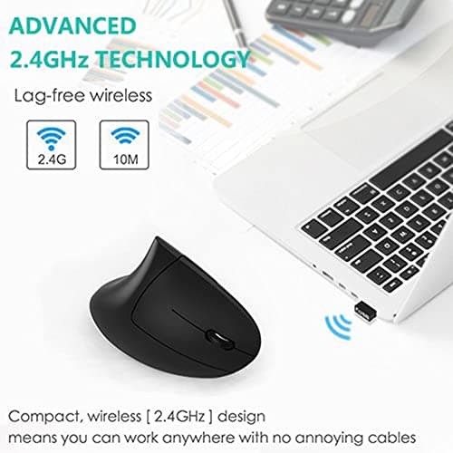 Ergonomic Mouse, Vertical Wireless Mouse - LEKVEY Rechargeable 2.4GHz Optical Vertical Mice : 3 Adjustable DPI 800/1200/1600 Levels 6 Buttons, for Laptop, PC, Computer, Desktop, Notebook etc, Black image