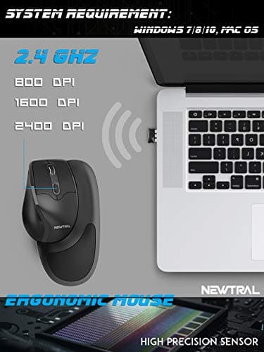 Newtral Small Size (Small,Medium,Large Available) Semi-Vertical Wireless Ergonomic Mouse,All Buttons Programmable, 800/1600/2400 DPI, Detachable Magnetic Palm Support (S) image