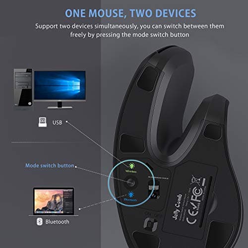 Bluetooth Ergonomic Mouse, Jelly Comb Advanced Vertical Wireless Bluetooth Mouse 2.4GHz Optical Vertical Mice, Easy Switch Between 2 Devices with Bluetooth and USB Connection MV045-Black image