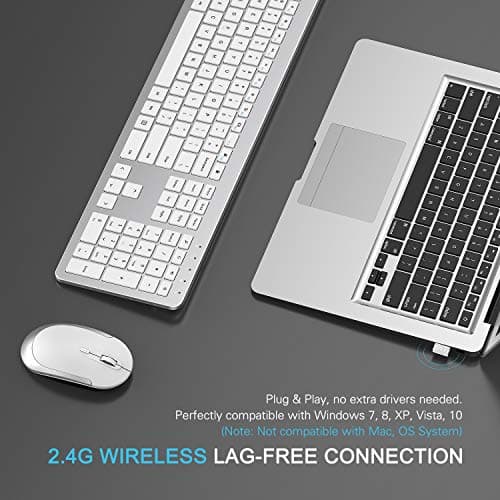 Wireless Keyboard and Mouse Combo - Full Size Slim Thin Wireless Keyboard Mouse with Numeric Keypad with On/Off Switch on Both Keyboard and Mouse - White & Silver image