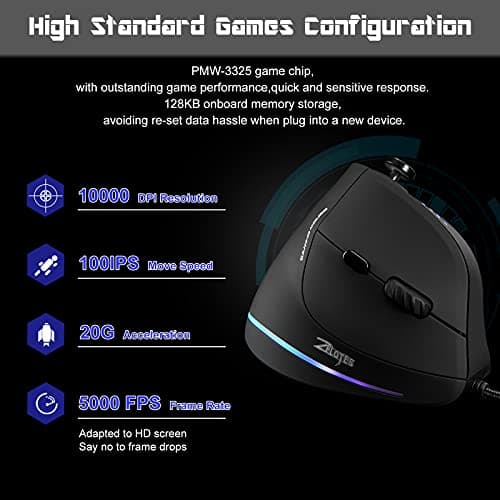 Gaming Mouse with 5 D Rocker, TRELC Ergonomic Mouse with 10000 DPI/11 Programmable Buttons, RGB Vertical Gaming Mice Wired for PC/Laptop/E-Sports/Gamer (Black) image