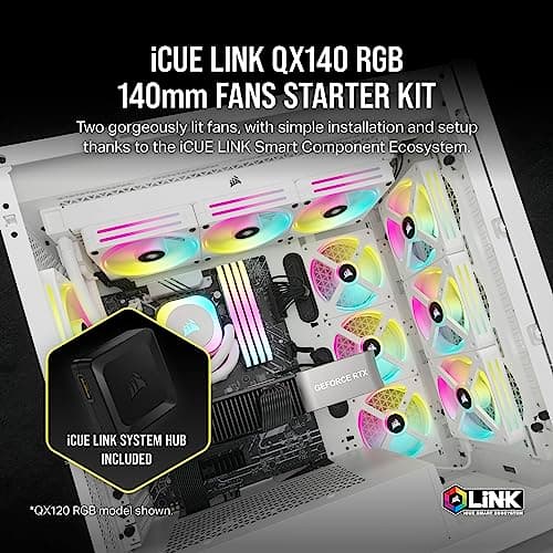 Corsair iCUE LINK QX140 RGB Starter Kit 140mm White Addressable RGB PWM 82.5 CFM 2-Pack image