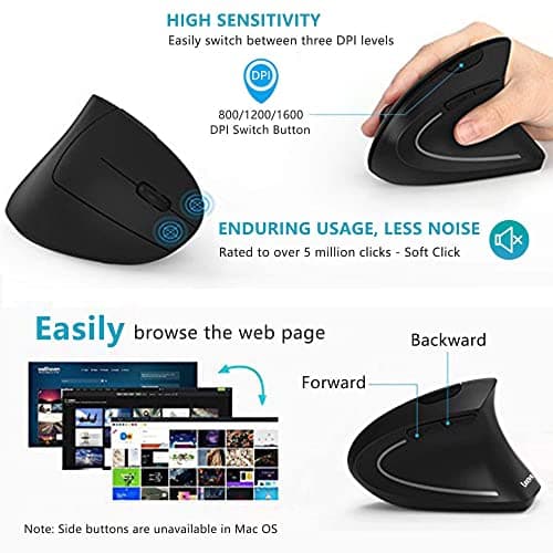 Ergonomic Mouse, Vertical Wireless Mouse - LEKVEY Rechargeable 2.4GHz Optical Vertical Mice : 3 Adjustable DPI 800/1200/1600 Levels 6 Buttons, for Laptop, PC, Computer, Desktop, Notebook etc, Black image