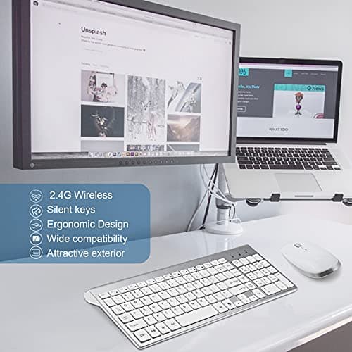 Wireless Keyboard and Mouse, FENIFOX USB Full Size Quiet Compact Compatible with iMac Mac PC Laptop Tablet Computer Windows (Silver White) image