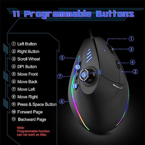 Gaming Mouse with 5 D Rocker, TRELC Ergonomic Mouse with 10000 DPI/11 Programmable Buttons, RGB Vertical Gaming Mice Wired for PC/Laptop/E-Sports/Gamer (Black) image