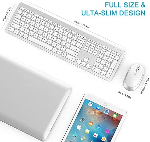 Wireless Keyboard and Mouse Combo - Full Size Slim Thin Wireless Keyboard Mouse with Numeric Keypad with On/Off Switch on Both Keyboard and Mouse - White & Silver image