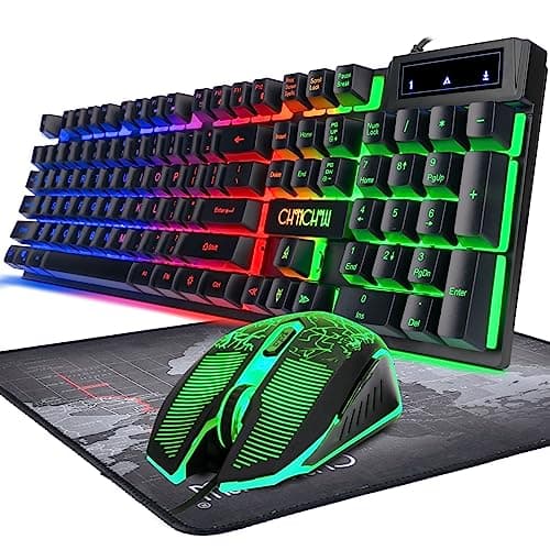 Gaming LED Wired Keyboard and Mouse Combo with Emitting Character 3200DPI USB Mouse Multimedia Keys Rainbow Backlight Mechanical Feeling for PC Resberry Pi Mac TOB Box with Mousepad,910b main image