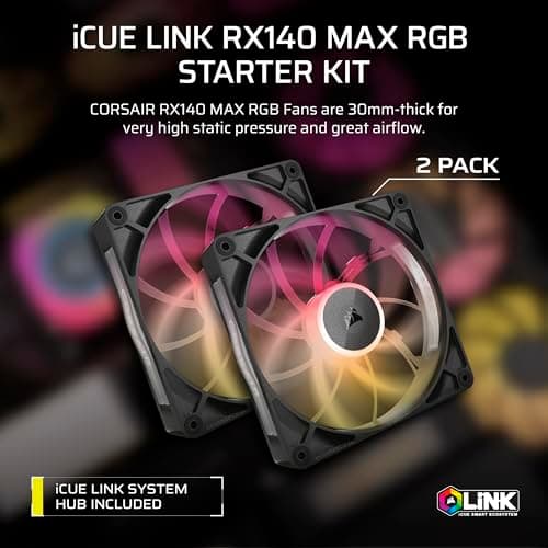 Corsair iCUE LINK RX140 MAX RGB Starter Kit 140mm Black Addressable RGB PWM 102.9 CFM 2-Pack image