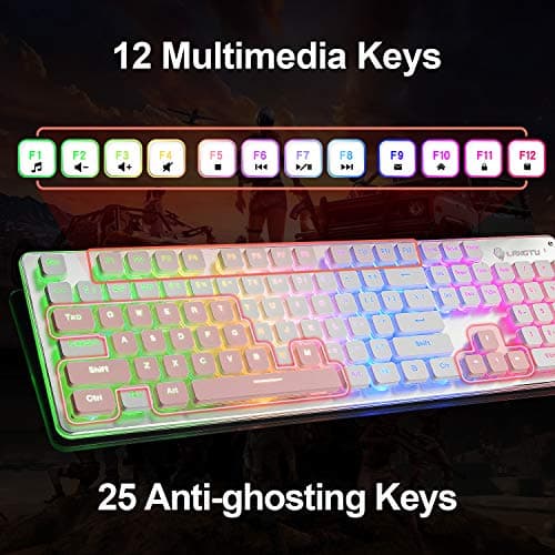 LANGTU Membrane Gaming Keyboard, Rainbow LED Backlit Quiet Keyboard for Office, USB Wired All-Metal Panel 25 Keys Anti-ghosting Computer Keyboard 104 Keys - L1 White/Silver image