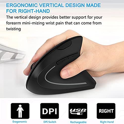 Ergonomic Mouse, Vertical Wireless Mouse - LEKVEY Rechargeable 2.4GHz Optical Vertical Mice : 3 Adjustable DPI 800/1200/1600 Levels 6 Buttons, for Laptop, PC, Computer, Desktop, Notebook etc, Black image
