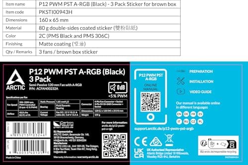 ARCTIC P12 PST 120mm Black A-RGB PWM 0dB 48.8 CFM 3-Pack image
