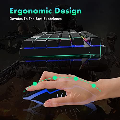 FLAGPOWER Gaming Keyboard and Mouse Combo, Rainbow Backlit Mechanical Feeling Keyboard with 4 Colors Breathing LED Backlight Mouse for PC, Laptop, Computer image