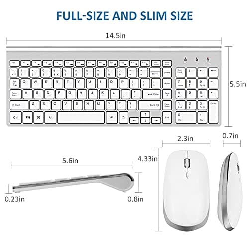 Wireless Keyboard and Mouse, FENIFOX USB Full Size Quiet Compact Compatible with iMac Mac PC Laptop Tablet Computer Windows (Silver White) image