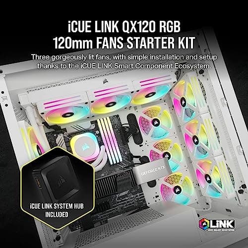 Corsair iCUE LINK QX120 RGB Starter Kit 120mm White Addressable RGB PWM 63.1 CFM 3-Pack image