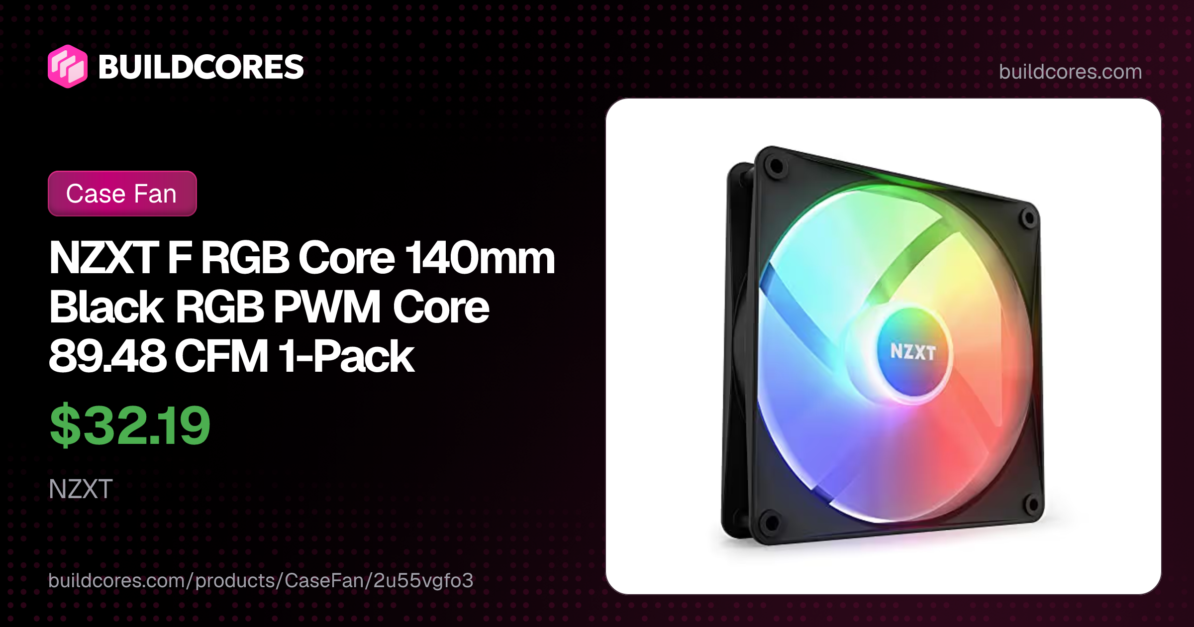 NZXT F RGB Core 140mm Black RGB PWM Core 89.48 CFM 1-Pack | BuildCores