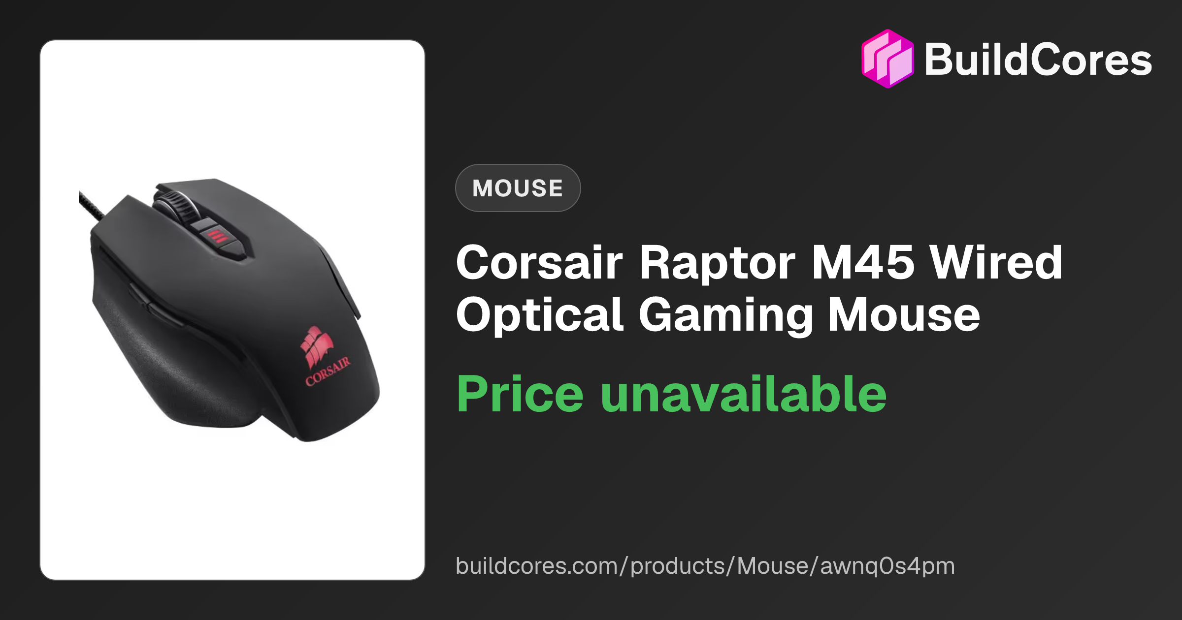 Corsair Raptor M45 Wired Optical Gaming Mouse | BuildCores